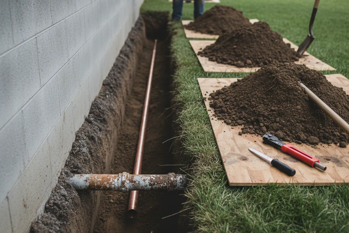Excavated water line trench during Water Heater Repair in East Orleans